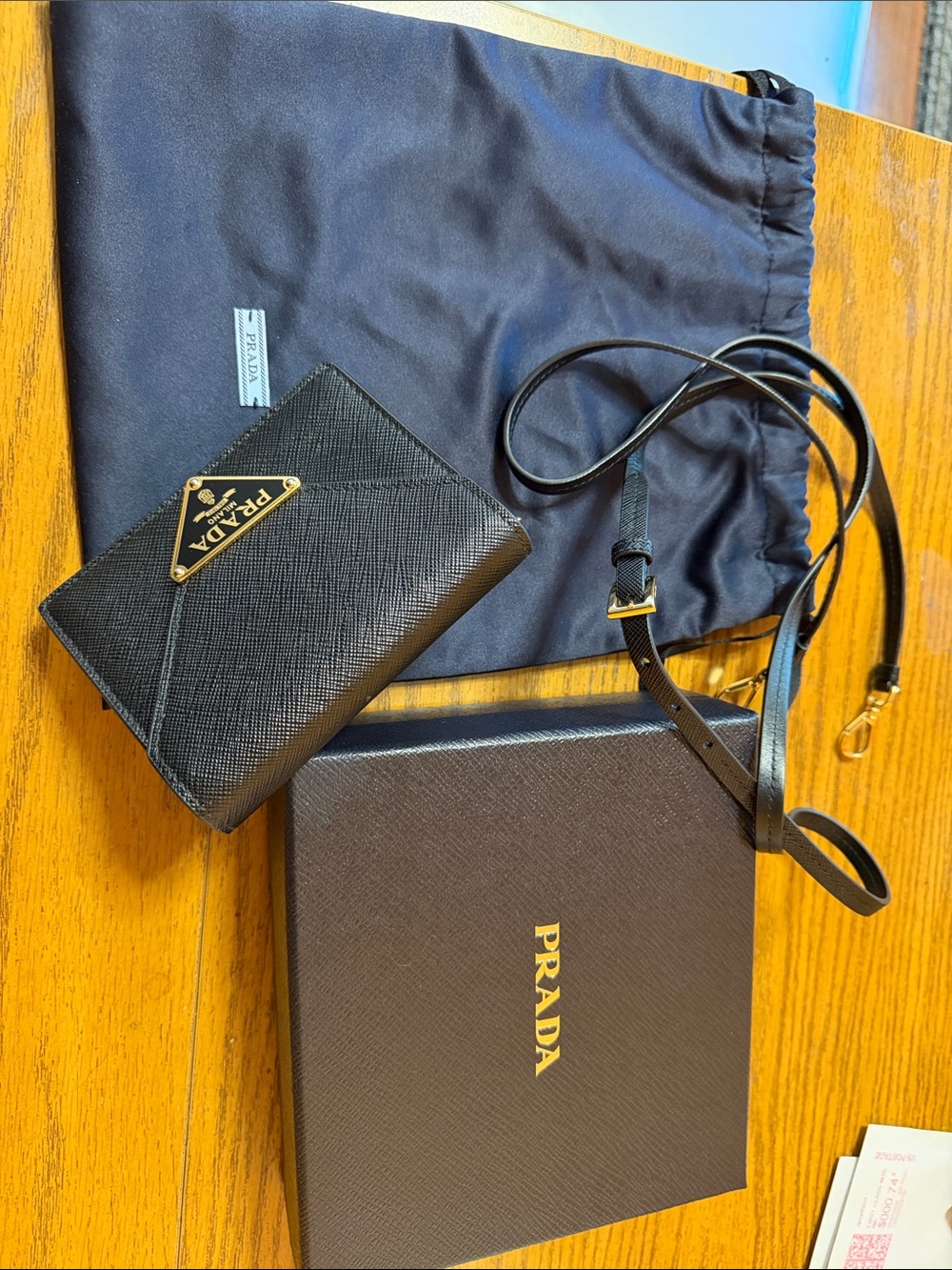 Prada Black Leather Crossbody Wallet with Gold Logo card holder on chain so cute - Picture 11 of 11